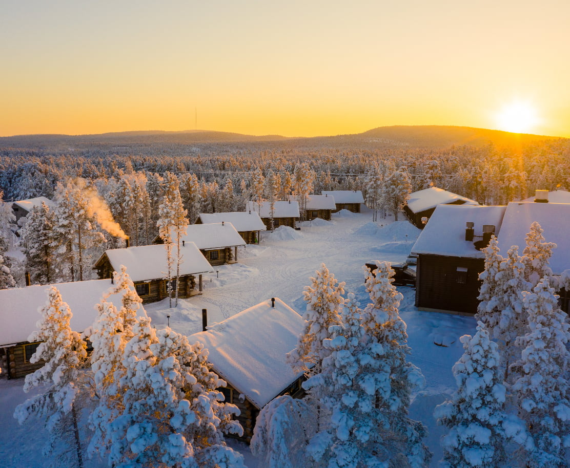 Häuser Schnee Sonnenaufgang