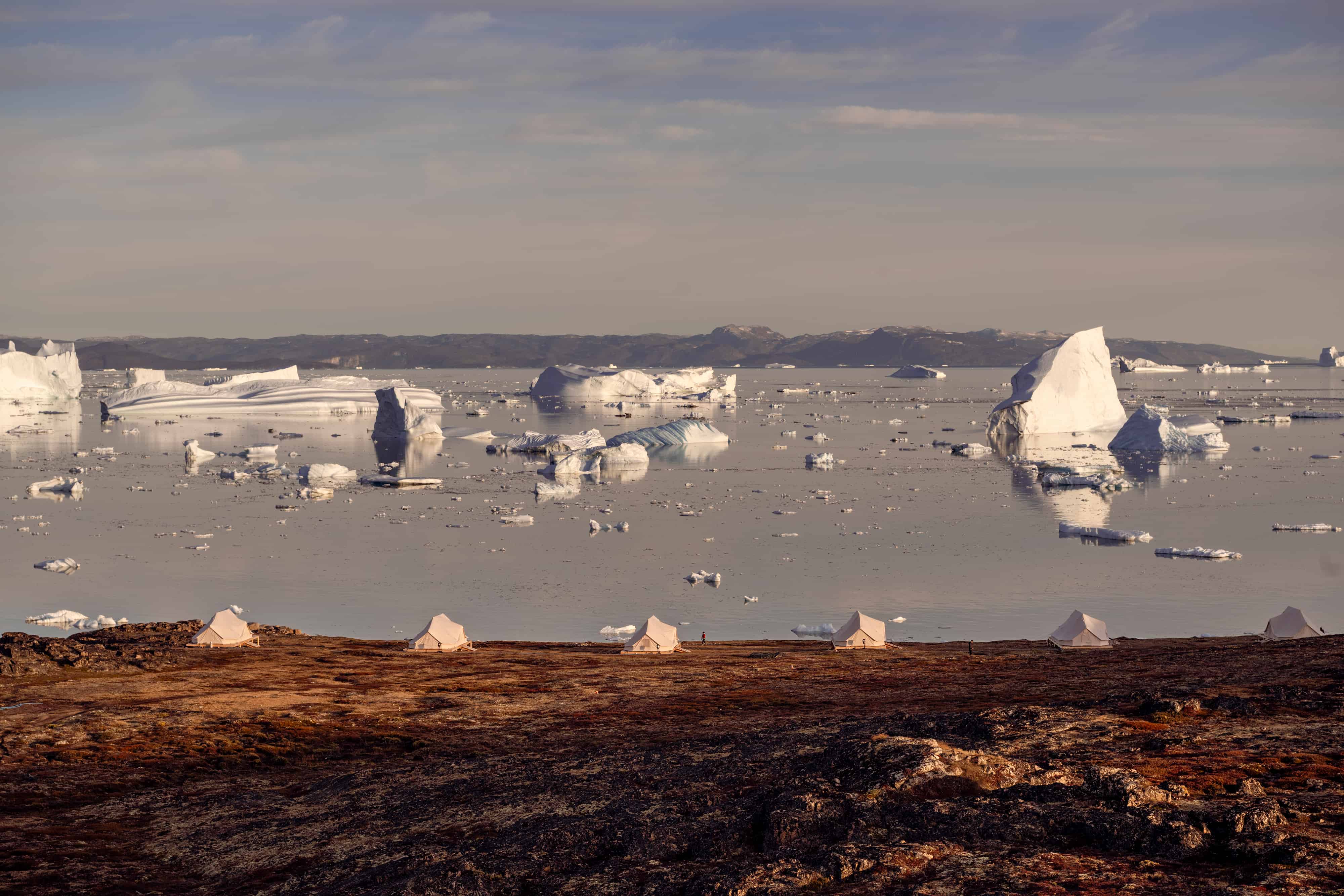Arktis Tours Camp Saqqaq Blick aufs Meer mit Eisbergen