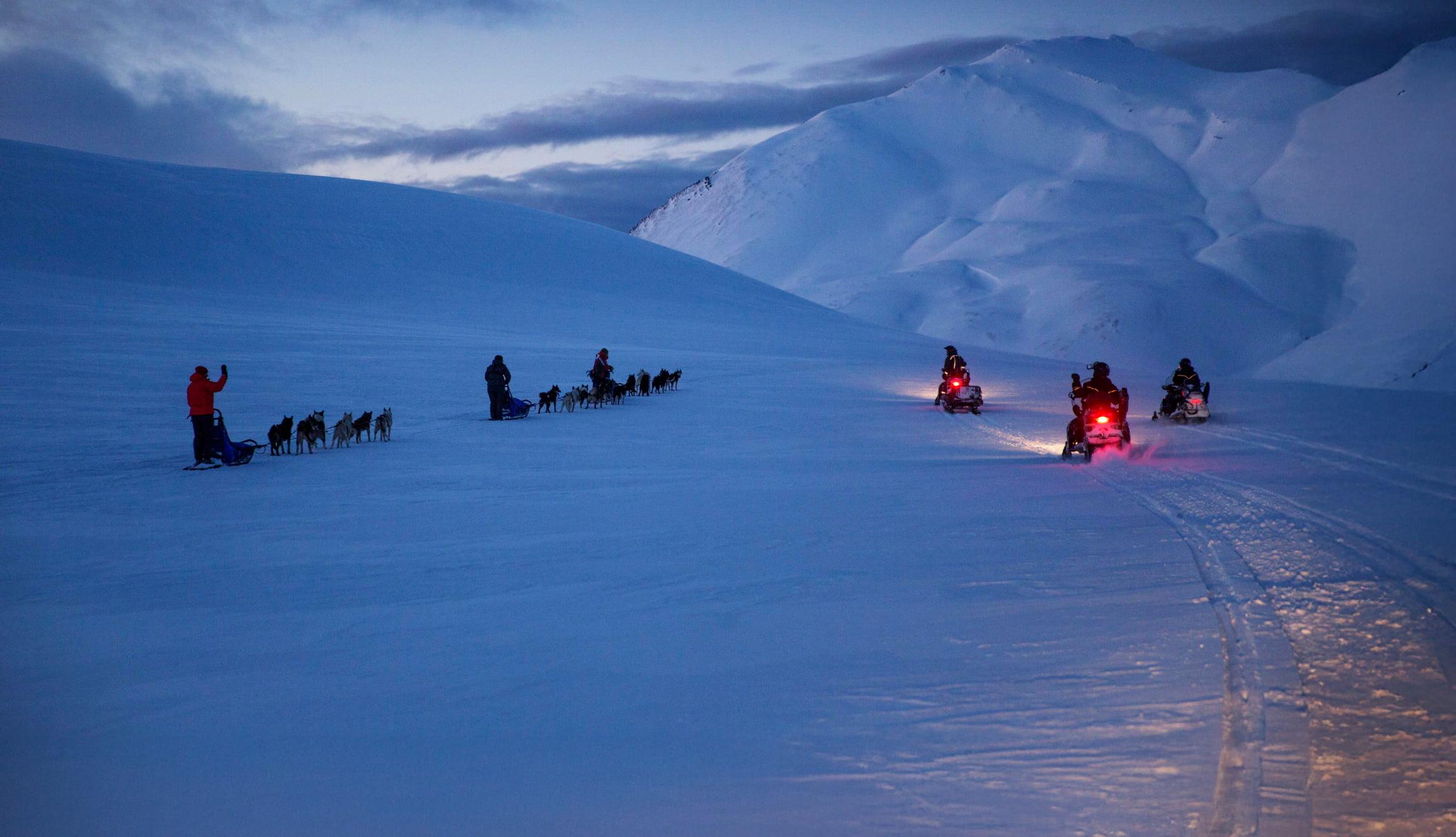 Links Schlittenhunde rechts fahren Schneemobile